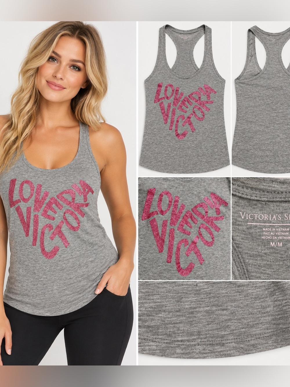 Victoria’s Secret Love Victoria Gray Pink Glitter Racerback Tank Top M
